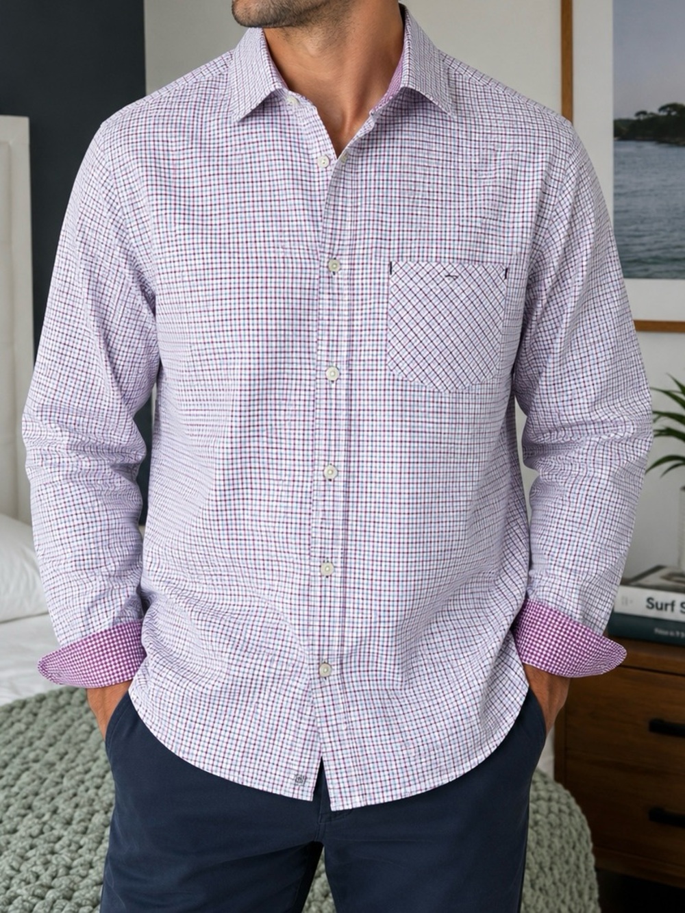 J.A.C.H.S. Men’s Button Down Shirt Purple Blue Check Plaid Long Sleeve Casual